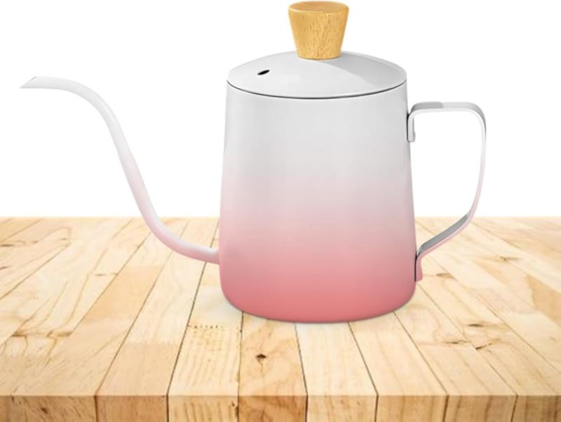 Tea Pot Stainless Steel Mini Kettle 350ml With Lid Long Narrow Spout Coffee Pour Over Classic Design For Home Travel (Pink)